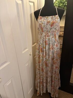 Free People Smocked Halter Floral Maxi Dress in White with Pink & Yellow